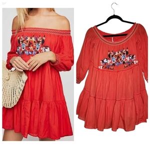 Free People Sunbeams Embroidered off the shoulder mini dress.  Red.
